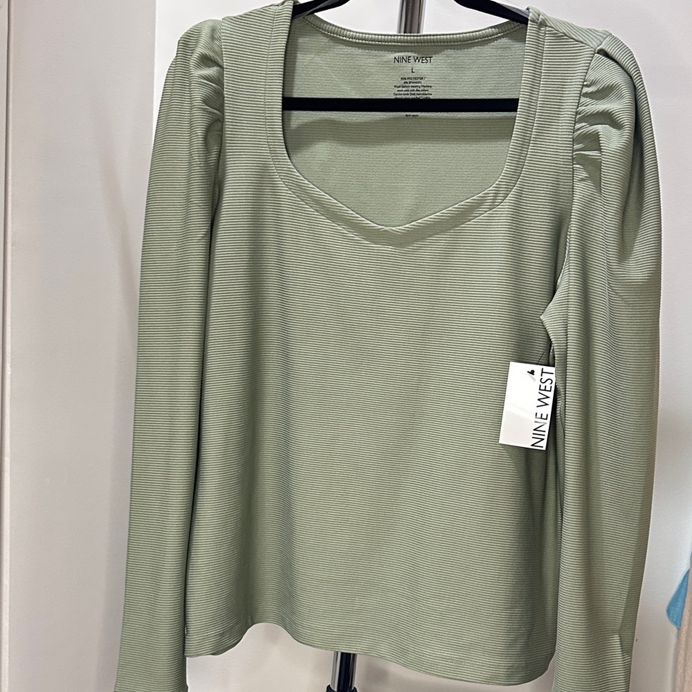 Nine West Long Sleeved Top Olive Green with Ruffle Shoulder, Size L - Picture 1 of 3